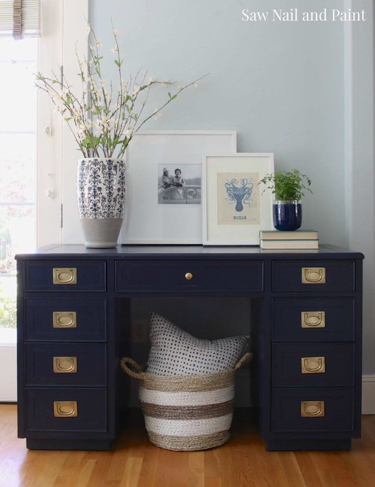 Navy Blue Campaign Style Desk Saw Nail And Paint