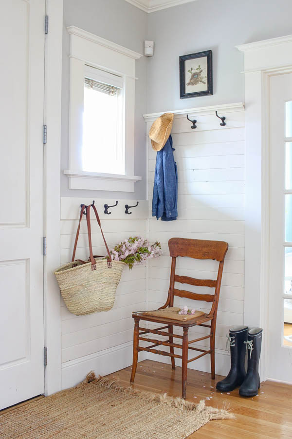 Saw Nail Paint Seattle Home Tour - Cottage Farmhouse White Shiplap Wainscoting Entryway 