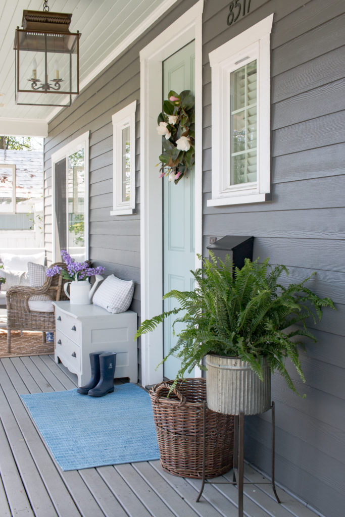 Saw Nail Paint Seattle Home Tour - Front Porch Benjamin Moore Wythe Blue Front Door Grey Siding Carriage Chandelier 