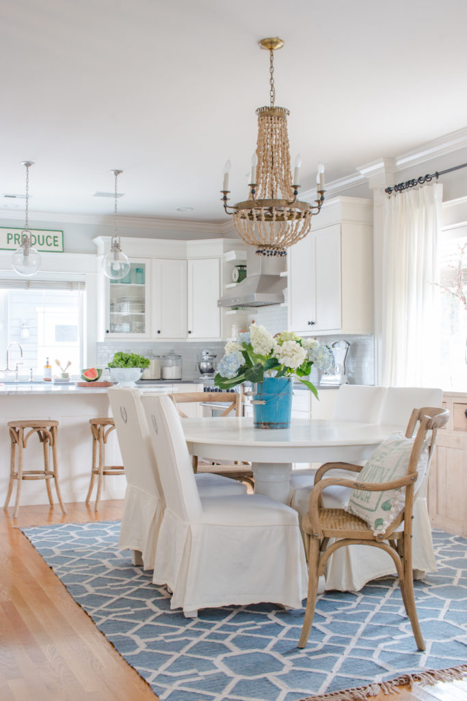 Saw Nail Paint Seattle Home Tour - Cottage Farmhouse White Kitchen Round Dining Table Slip-covered Parsons Chairs Wood Bead Chandelier 