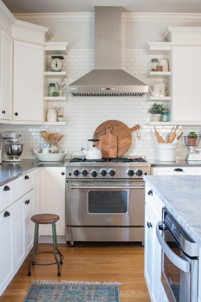 Saw Nail Paint Seattle Home Tour - Cottage Farmhouse White Kitchen, SS Oven Hood, Marble Counter, Subway Tile