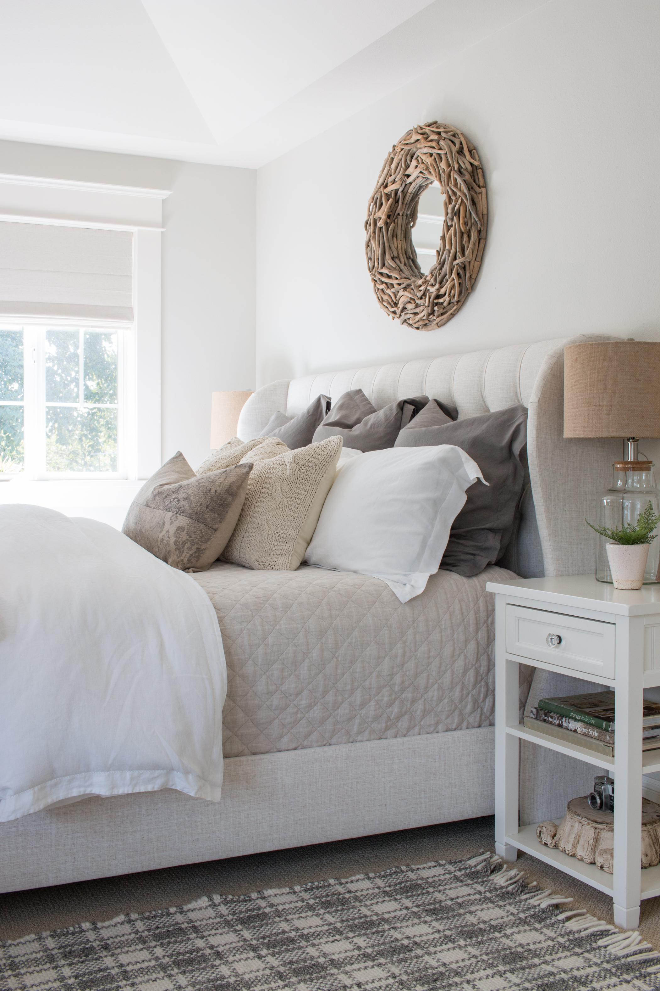 Neutral linen bedding in master bedroom Saw Nail and Paint